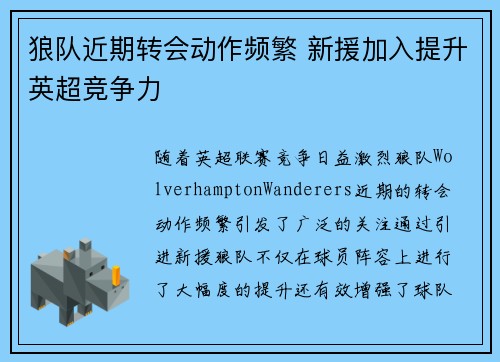 狼队近期转会动作频繁 新援加入提升英超竞争力